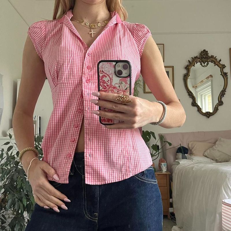 Women's Clothing New Red And White Plaid Short Sleeved Shirt For Women French Puff Sleeves Loose Versatile Tops_voghion.com