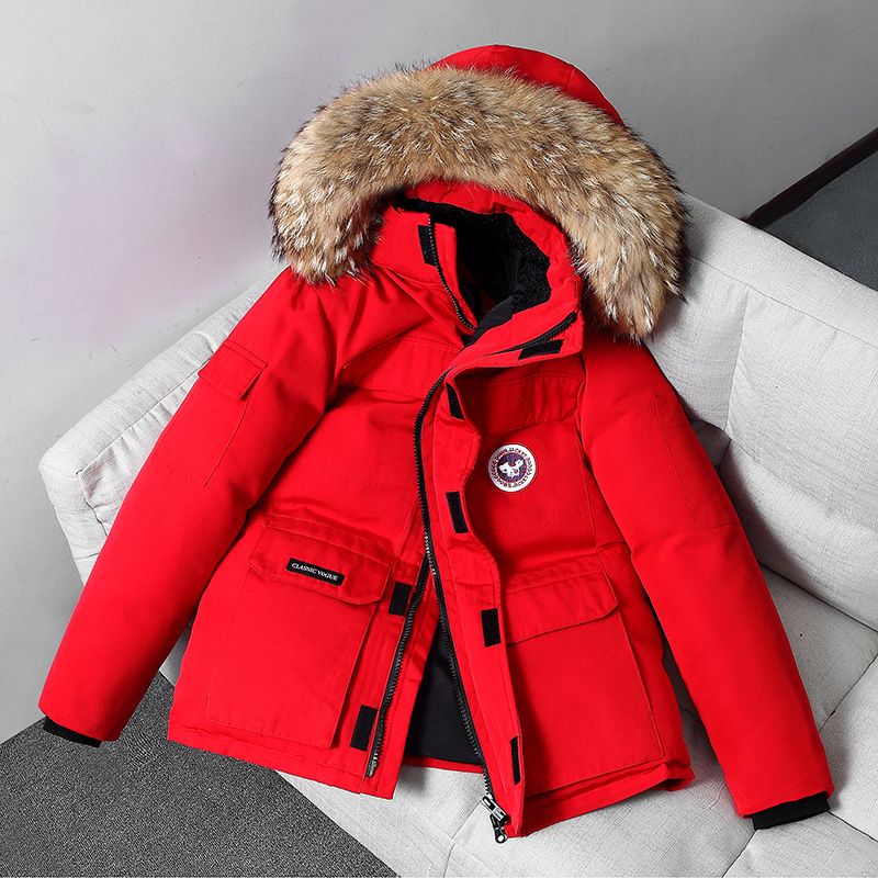 Casaco com capuz masculino outono e inverno novo casal canadense ferramentas ao ar livre gola de pele quente espessado jaqueta de ganso masculina_voghion.com