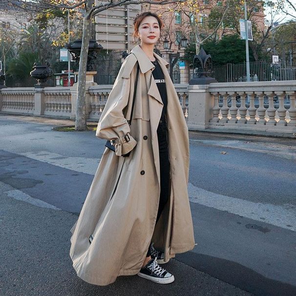 Women's Clothing Long Trench Coat Ankle-Length Loose Fit Overcoat For Tall Women With Belt Detail_voghion.com