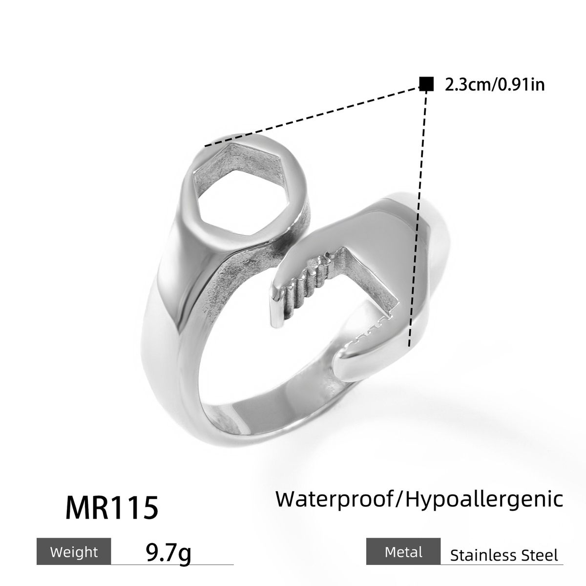 Anello da uomo in acciaio al titanio con chiave inglese - Finitura opaca geometrica, unisex, stile punk gotico, industriale - Misure regolabili 18-22_voghion.com