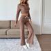 Women's Cropped Track Set - Ribbed Velvet Lounge Two-Piece For Streetwear Style (Mocha, S-XL)_voghion.com