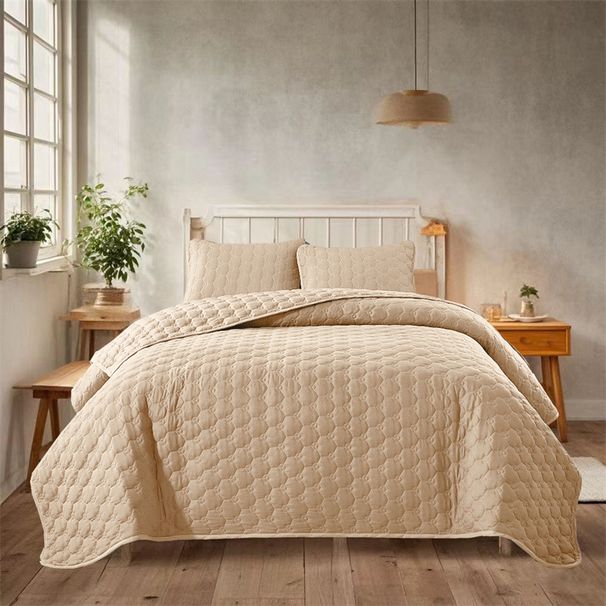 Modernes, minimalistisches, einfarbiges, gestepptes Bettwäscheset, 3-teilig – geometrisches Muster, weicher, gebürsteter Stoff, mehrere Größen (173 x 229 cm bis 264 x 229 cm)_voghion.com