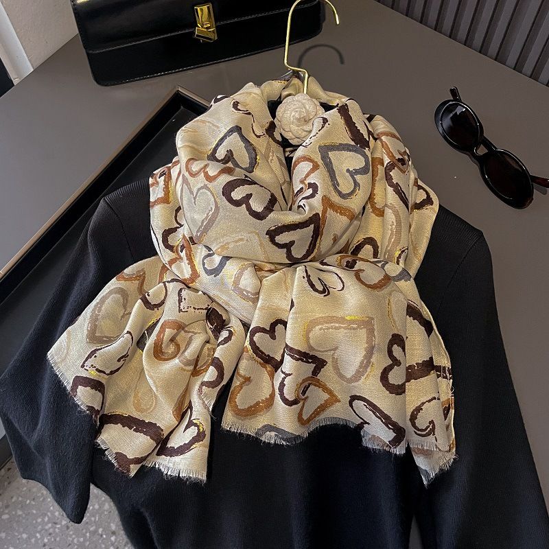2024 new cotton and linen scarf for women with oil painting style, high end big heart print, temperament silk scarf shawl autumn and winter_voghion.com