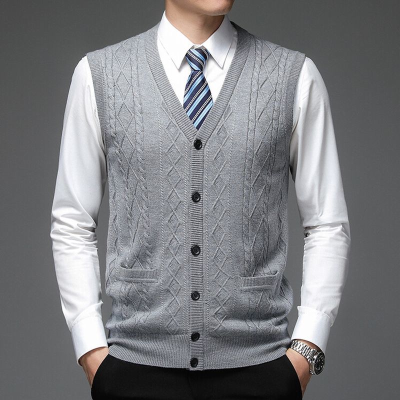 ​​Ärmellose Strickjacke aus Wollmischung für Herren, schmale Passform, einreihiger Strickpullover für legere Business-Kleidung (Hellgrau, Weinrot, Marineblau, Dunkelgrau)​​_voghion.com