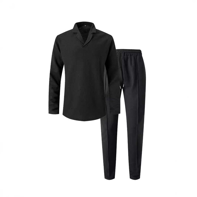 Herren-Waffelstrickanzug – Einfarbiges Lounge-Set | Langarm & Hose_voghion.com