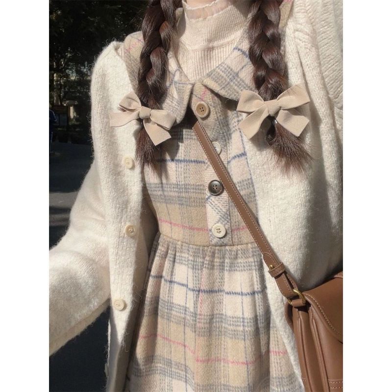 Autumn and winter new woolen plaid suit niche fashion versatile French elegant gentle style vest skirt cardigan_voghion.com