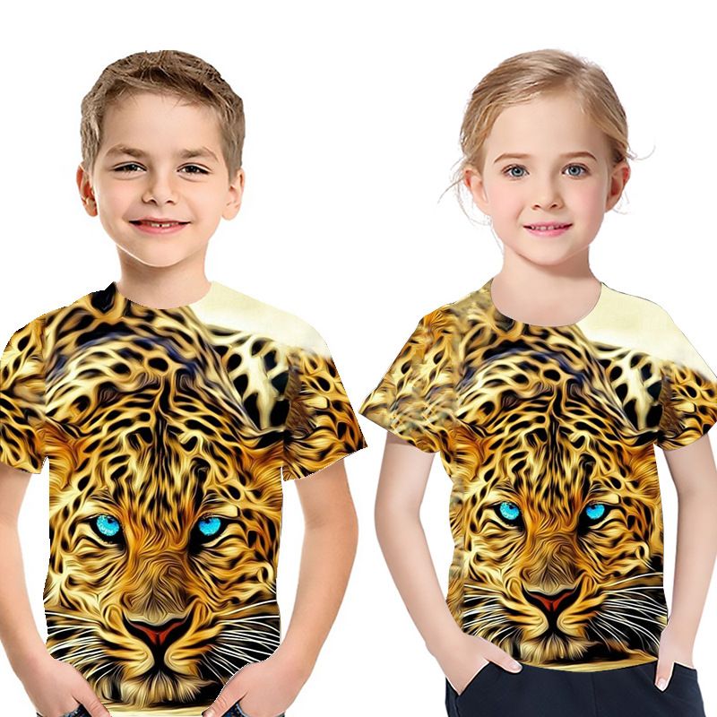 Kid's Clothing 2024 new children's clothing Leopard 3D digital color printing personalized casual short-sleeved T-shirt children's clothing_voghion.com