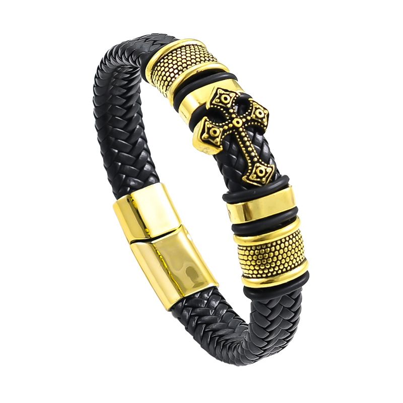 Bracciale da uomo in pelle multistrato semplice con croce in oro placcato e intrecciato alla moda_voghion.com