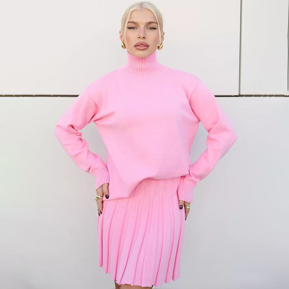 Pink 2025 Autumn Winter High Neck Pullover Knitted Pleated Skirt Sweater Set For Women_voghion.com