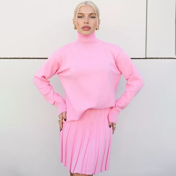 Pink 2025 Autumn Winter High Neck Pullover Knitted Pleated Skirt Sweater Set For Women_voghion.com