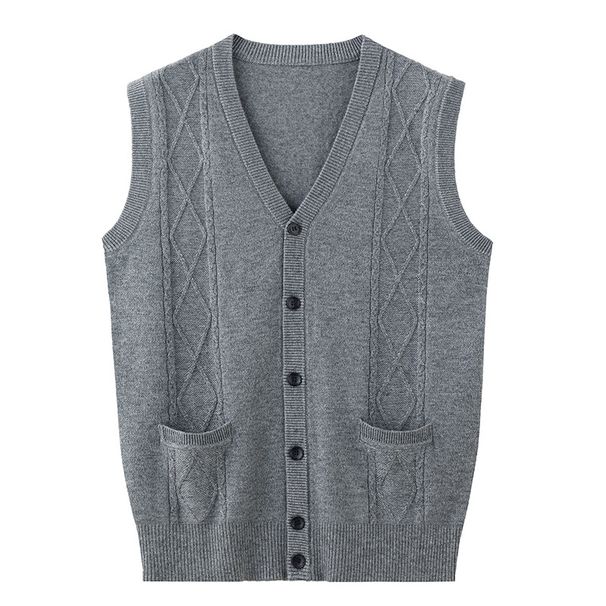 Roupas masculinas Novo colete de lã para homens de meia-idade contendo lã Primavera e Outono Cor sólida Decote em V Colete masculino sem mangas_voghion.com
