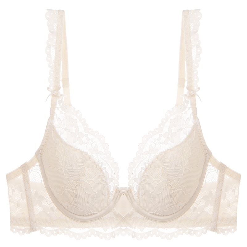 Completo intimo da donna in pizzo francese, sexy e di piccole dimensioni, con reggiseno ad anello in acciaio morbido color latte e arricciato sui lati_voghion.com