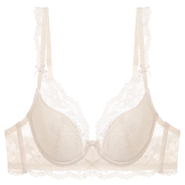 Completo intimo da donna in pizzo francese, sexy e di piccole dimensioni, con reggiseno ad anello in acciaio morbido color latte e arricciato sui lati_voghion.com