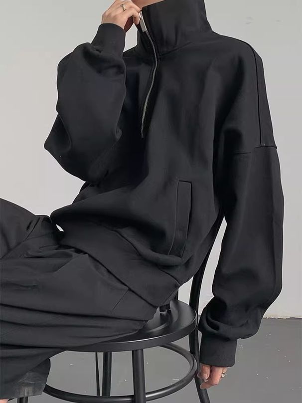 Unisex Heavyweight Half-Zip Sweatshirt – High Street Minimalist Style (Black/Grey, Sizes M-3XL)_voghion.com