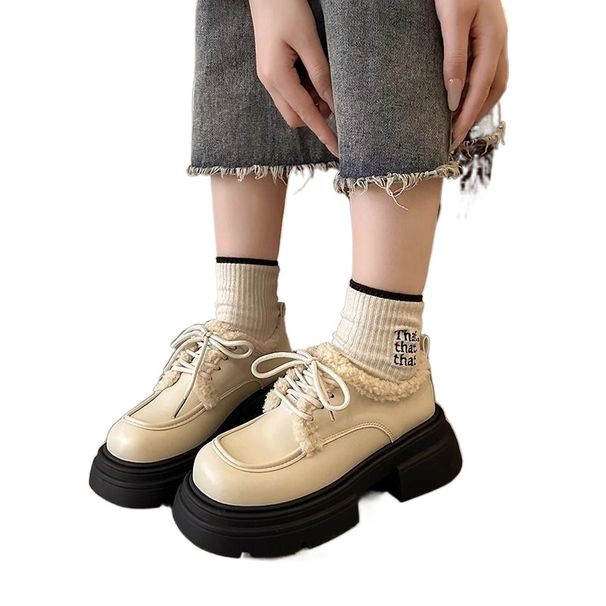 Gepolsterte Halbschuhe Warme Damenschuhe Dicke Sohle Krawatte Schwarze Einzelschuhe Pelz Kleine Lederschuhe_voghion.com