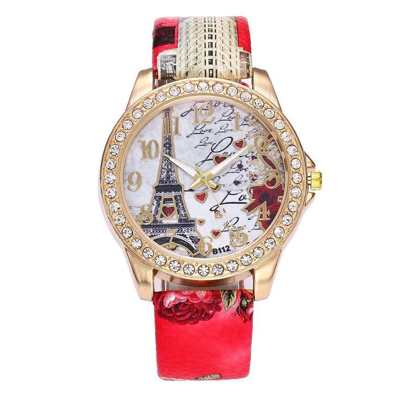 Yamaler Women Eiffel Tower Rhinestone Leather Strap Round Dial Analog Quartz Watch_voghion.com