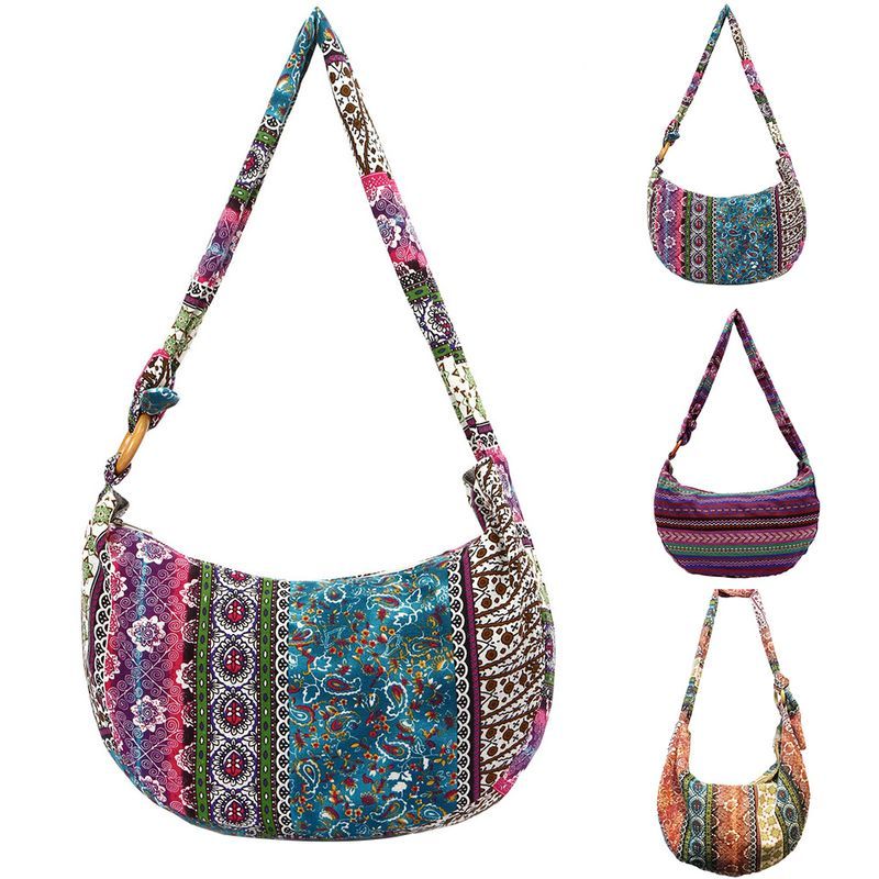 Lihao Hippie Blomsterprint Kvinner Justerbar Stropp Canvas Tote Sling Hobo Bag-Oransje_voghion.com