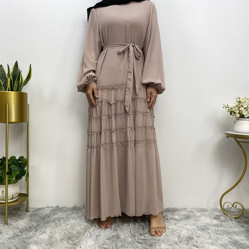 Women's fashion double chiffon net color loose gown dress with large hem_voghion.com