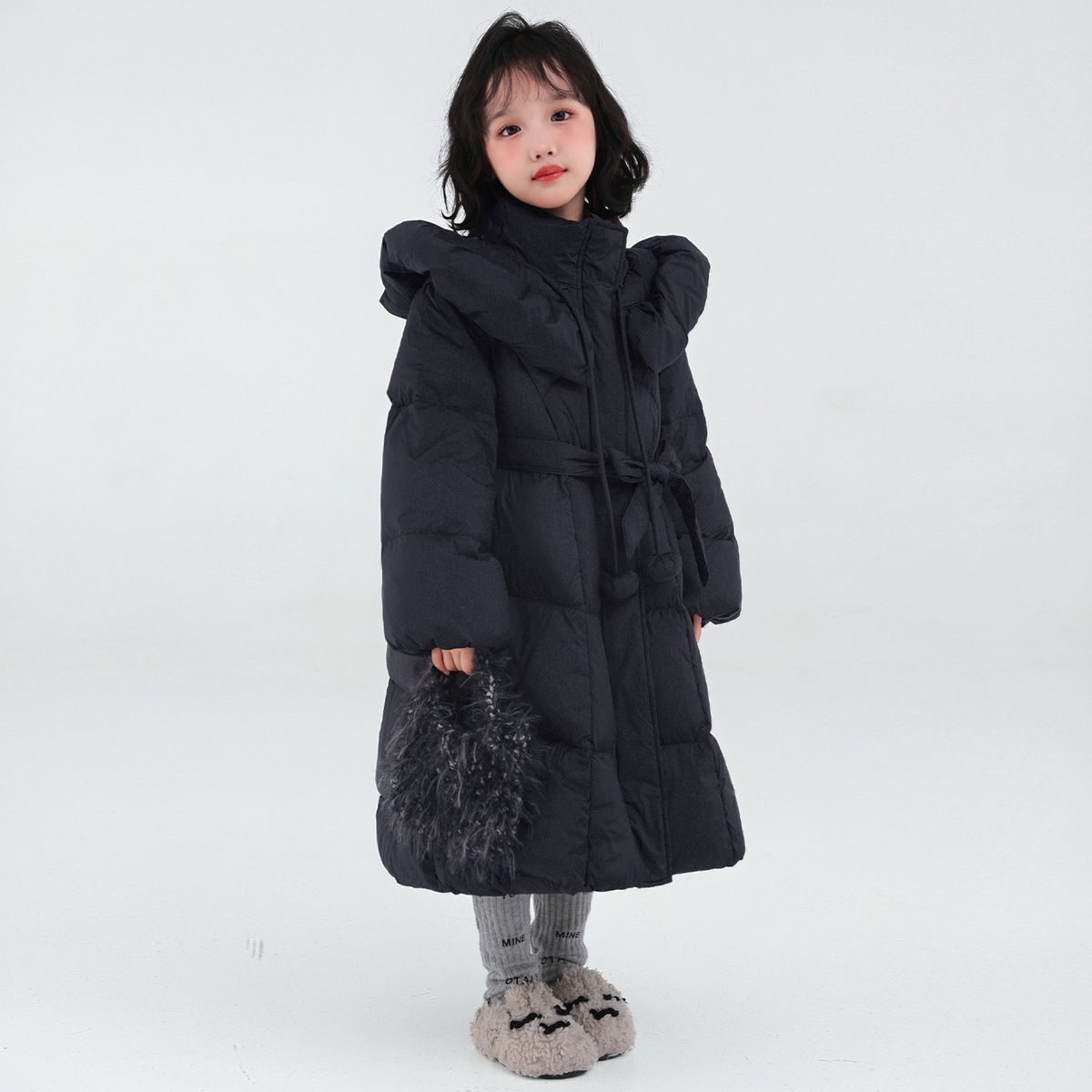 Girls' High End Long Knee Length Down Cotton Jacket With Three Protections_voghion.com