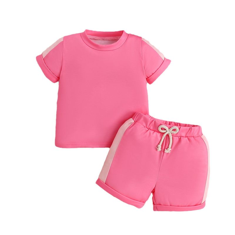 Mother & Kids 2024 new children's clothing summer children's round neck color matching short-sleeved T-shirt casual shorts girls 2-piece suit_voghion.com
