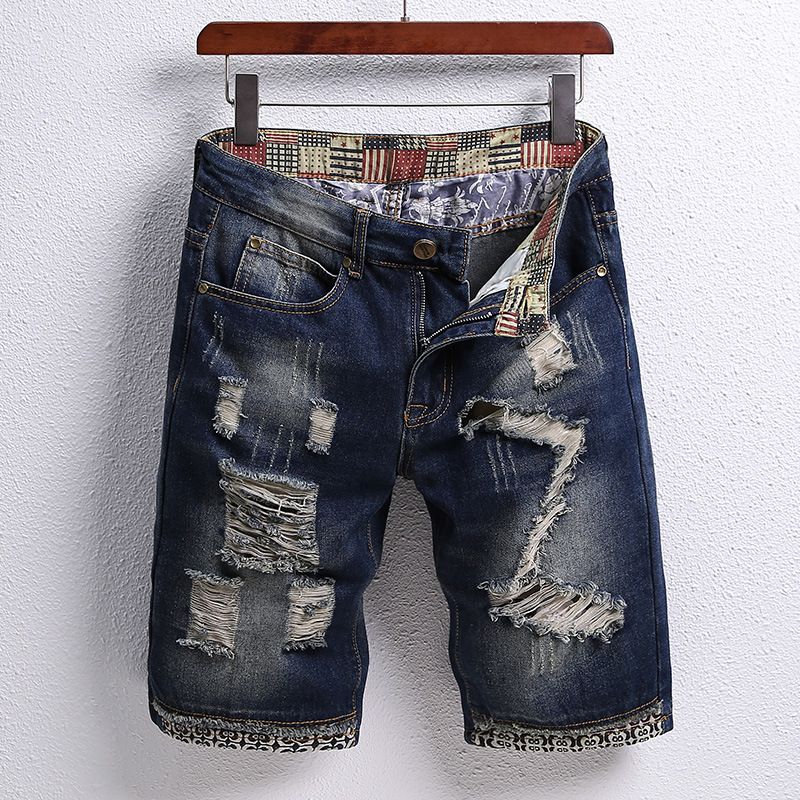 Perforated patched five point jeans for men in 2024, trendy and personalized fashion shorts, versatile horse pants_voghion.com