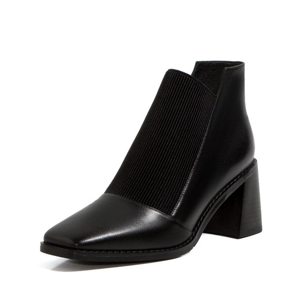 2020 Stivaletti da donna semplici con tacco medio, cinturino elastico e punta quadrata, stile artistico_voghion.com