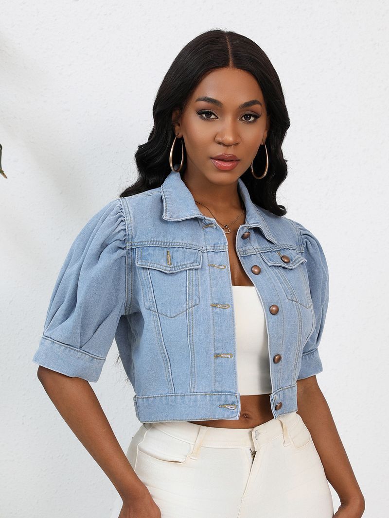 Real Shot Independent Station Nieuw korte mouwen denim jack voor dames met pofmouw en korte mouwen_voghion.com