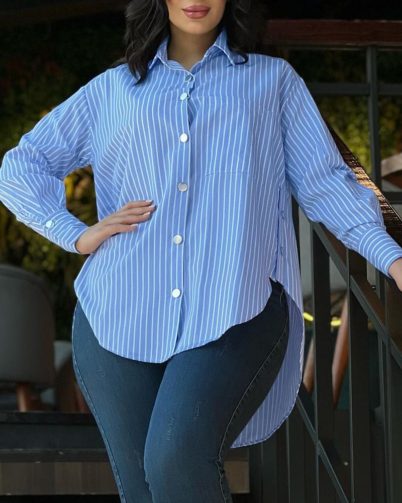 Camicia a righe da donna con bottoni e orlo asimmetrico - Blusa casual a maniche lunghe per il lavoro e l'uso quotidiano_voghion.com