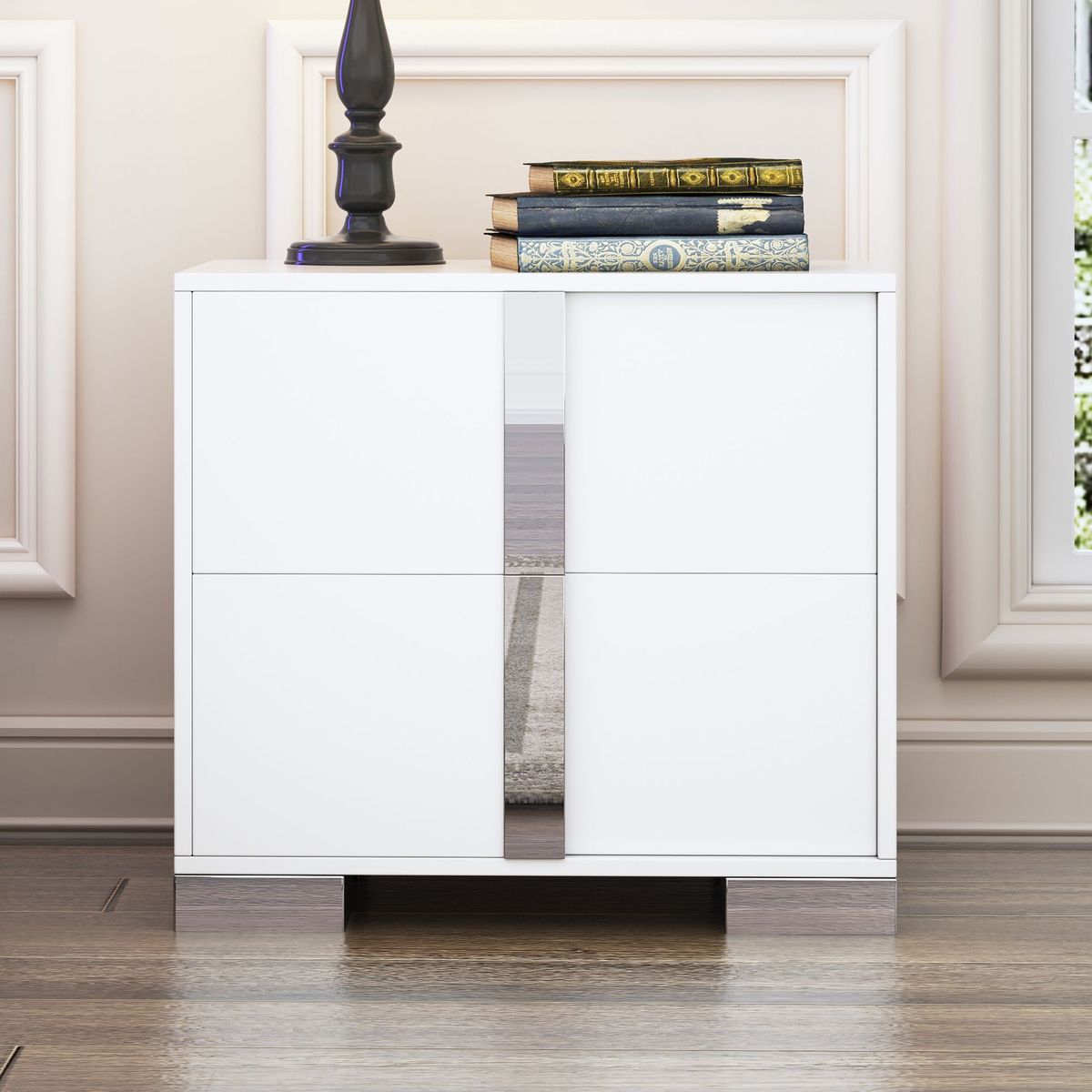 Elegant Nightstand With Metal Handle,Mirrored Bedside Table With 2 Drawers For Bedroom,Living Room,White_voghion.com