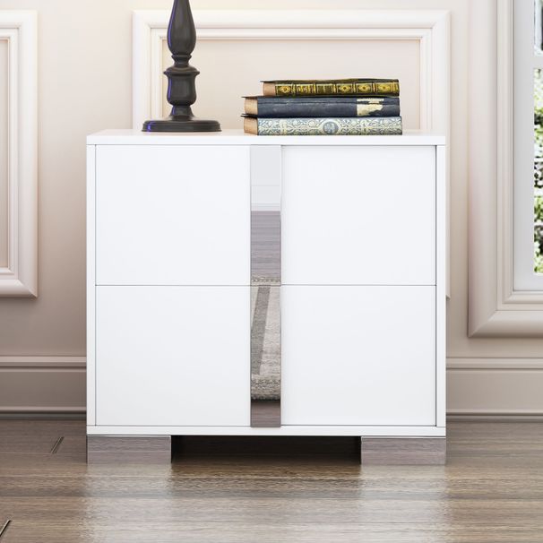 Elegant Nightstand With Metal Handle,Mirrored Bedside Table With 2 Drawers For Bedroom,Living Room,White_voghion.com