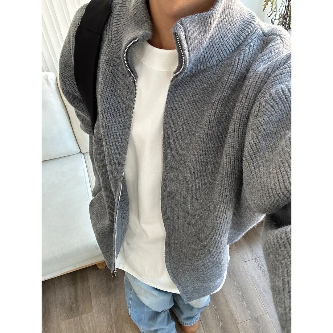 Cleanfit Zip-Up Knit Sweater – Men’s Oversized High-Neck Cardigan, Vintage-Inspired Polyester Blend Loungewear_voghion.com