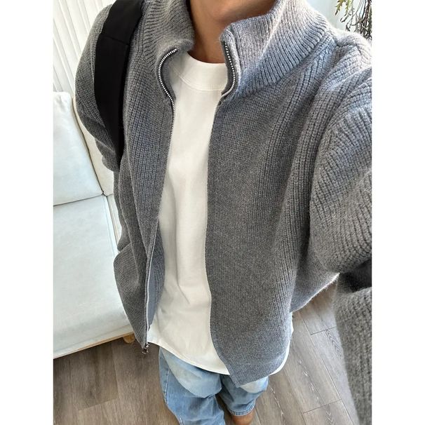 Cleanfit Zip-Up Knit Sweater – Men’s Oversized High-Neck Cardigan, Vintage-Inspired Polyester Blend Loungewear_voghion.com