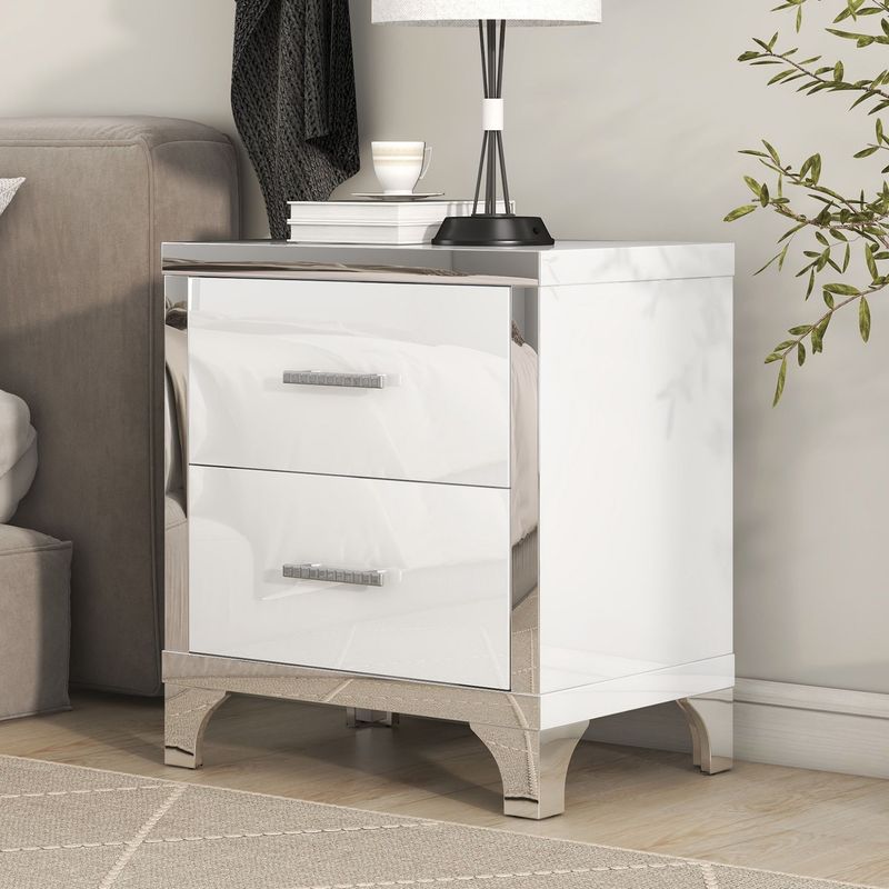 Elegant High Gloss Nightstand With Metal Handle,Mirrored Bedside Table With 2 Drawers For Bedroom,Living Room_voghion.com
