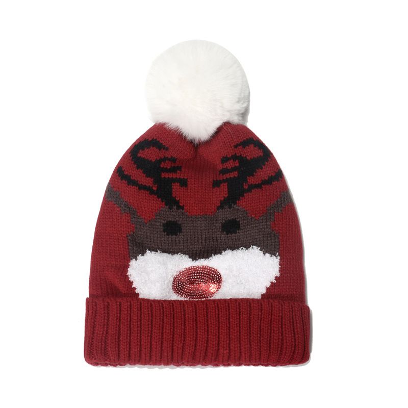 Hat  new holiday hat red Santa Claus deer jacquard fur ball knitted hat Christmas hat winter style_voghion.com