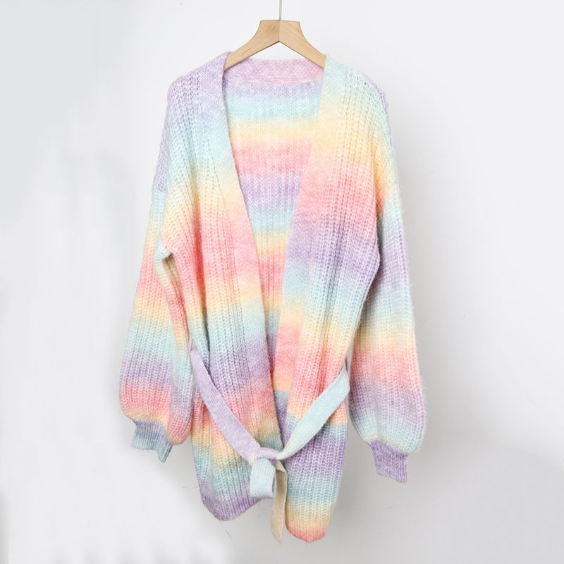Cardigan oversize tie-dye arc-en-ciel pour femme – Manteau long en tricot acrylique ouvert sur le devant avec motif ajouré_voghion.com