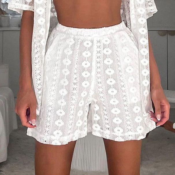 Women's Clothing Casual white lace cut-out short-sleeved cardigan shorts two-piece suit_voghion.com