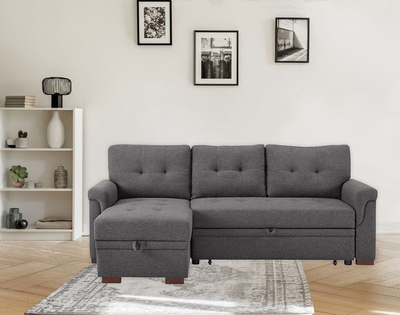 Sierra 84' Dark Gray Linen Reversible Sleeper Sectional Sofa With Storage Chaise_voghion.com