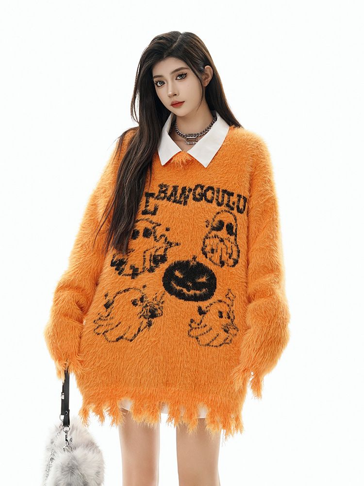 Halloween Ghost Knit Sweater – Oversized Couple's Pullover With Playful Embroidery (M-XXL, 2 Colors)_voghion.com