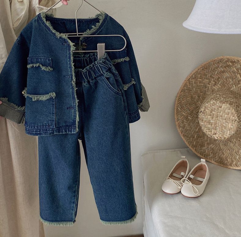 Otroška oblačila za dekleta, retro modna jeans jakna s surovim robom, zgornji del širokih hlač_voghion.com