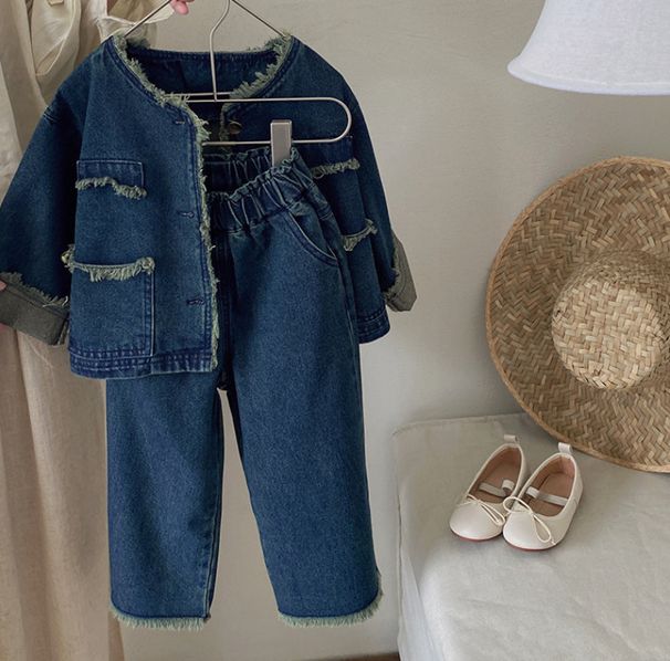 Otroška oblačila za dekleta, retro modna jeans jakna s surovim robom, zgornji del širokih hlač_voghion.com