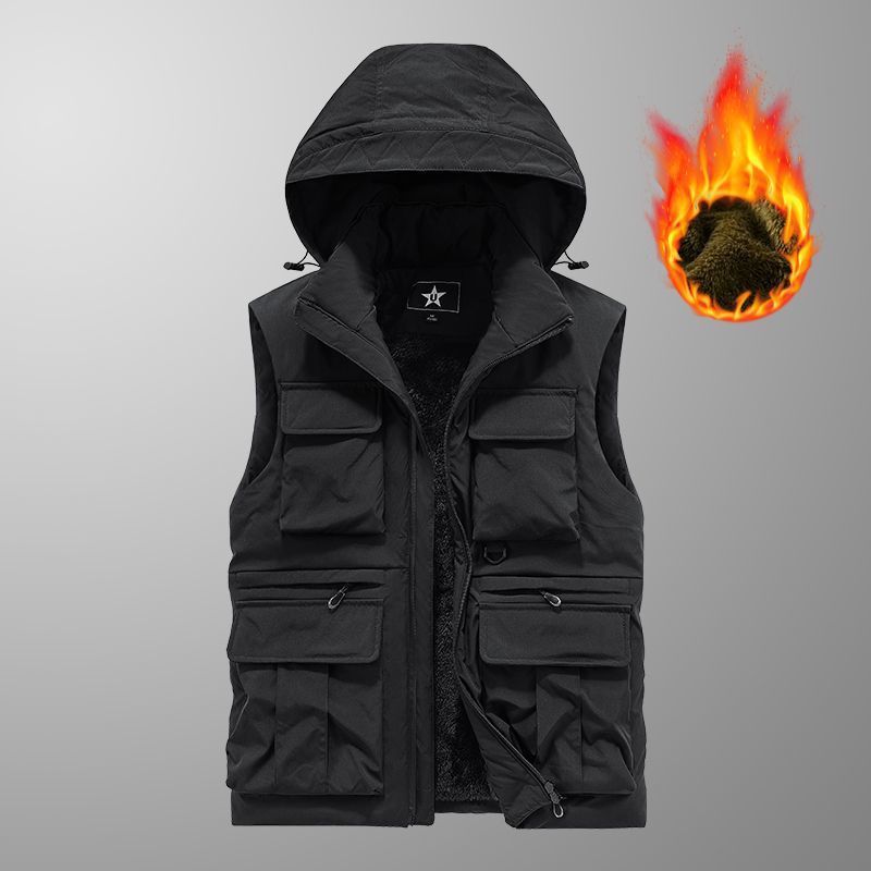 New Velvet Vest Men's Large Loose Shoulder Warm And Cold Proof Cotton Tank Top Hooded Casual Thick Coat_voghion.com