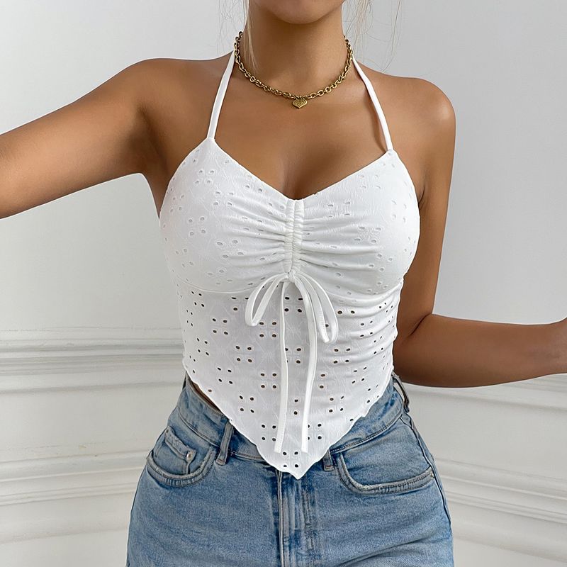 Top a canotta irregolare con coulisse sottile sexy con cravatta allacciata al collo da donna_voghion.com