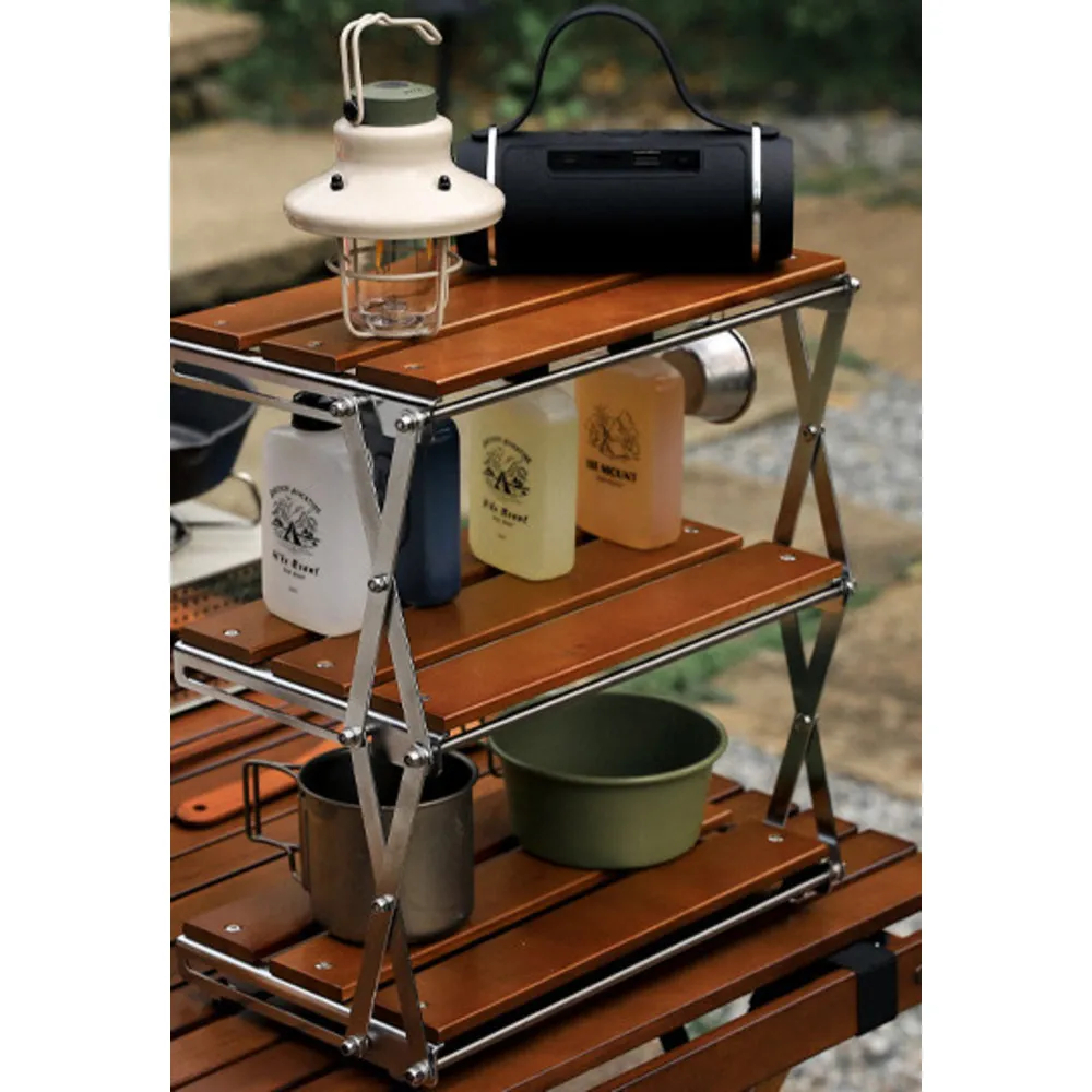 Outdoor Three-Layer Rack Solid Wood Foldable Portable Camping Folding Multi-Layer Multi-Function Storage Table_voghion.com
