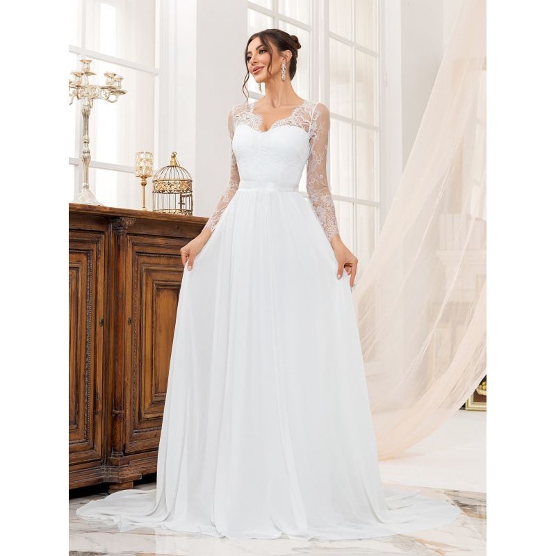 Elegantes Spitzen-Brautkleid, langes Abendkleid mit V-Ausschnitt für Bräute und formelle Anlässe_voghion.com