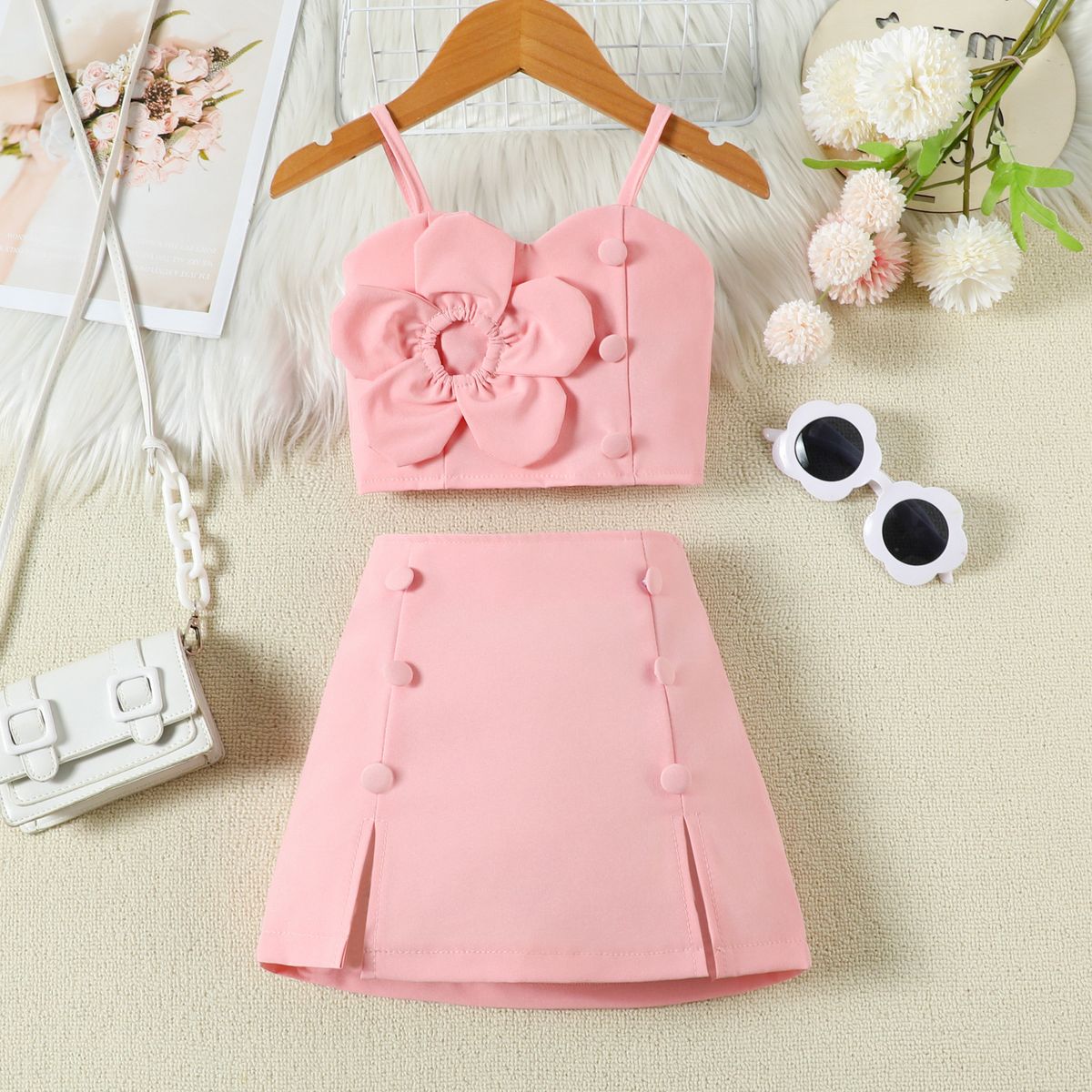 Completo estivo da bambina con top senza maniche e gonna a fiori – Completo in due pezzi in morbido cotone per bambine e bambini (90-130 cm)_voghion.com