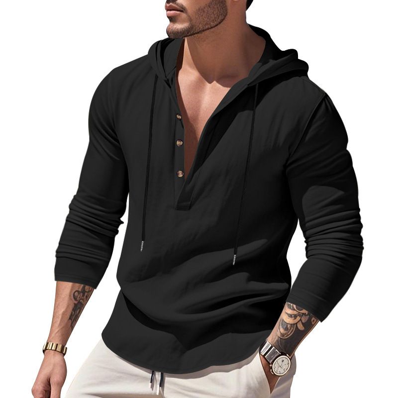Men's Clothing Loose Linen Men's Breathable Hooded Long Sleeved Beach Henley Bottoming Shirt Men_voghion.com