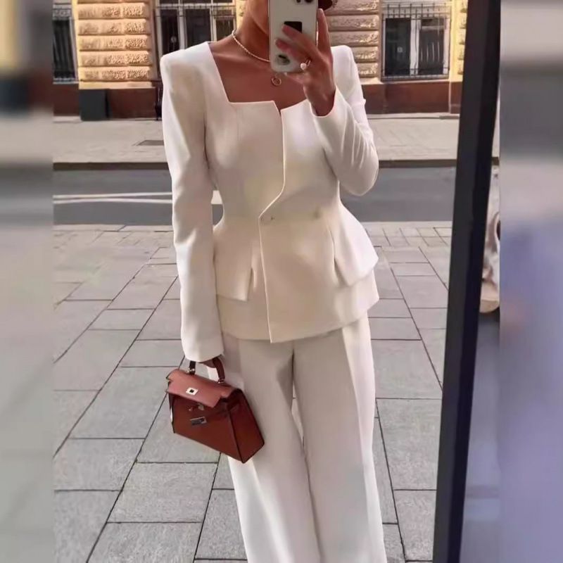 Costume pour femme, nouveau style automne-hiver 2025, veste cintrée à col carré, coupe droite, coupe cintrée_voghion.com