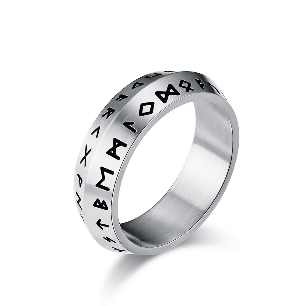 Nordischer Stil Doppelschrägring mit Wikingertext aus Titanstahl, Ring mit Retro-Altpersönlichkeit, literarischer Handschmuck für Männer_voghion.com