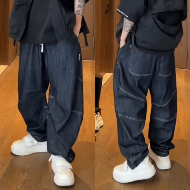 Jeans classici tinti in filo da uomo, pantaloni harem larghi e versatili, lavati pesantemente, alla moda, a gamba larga_voghion.com