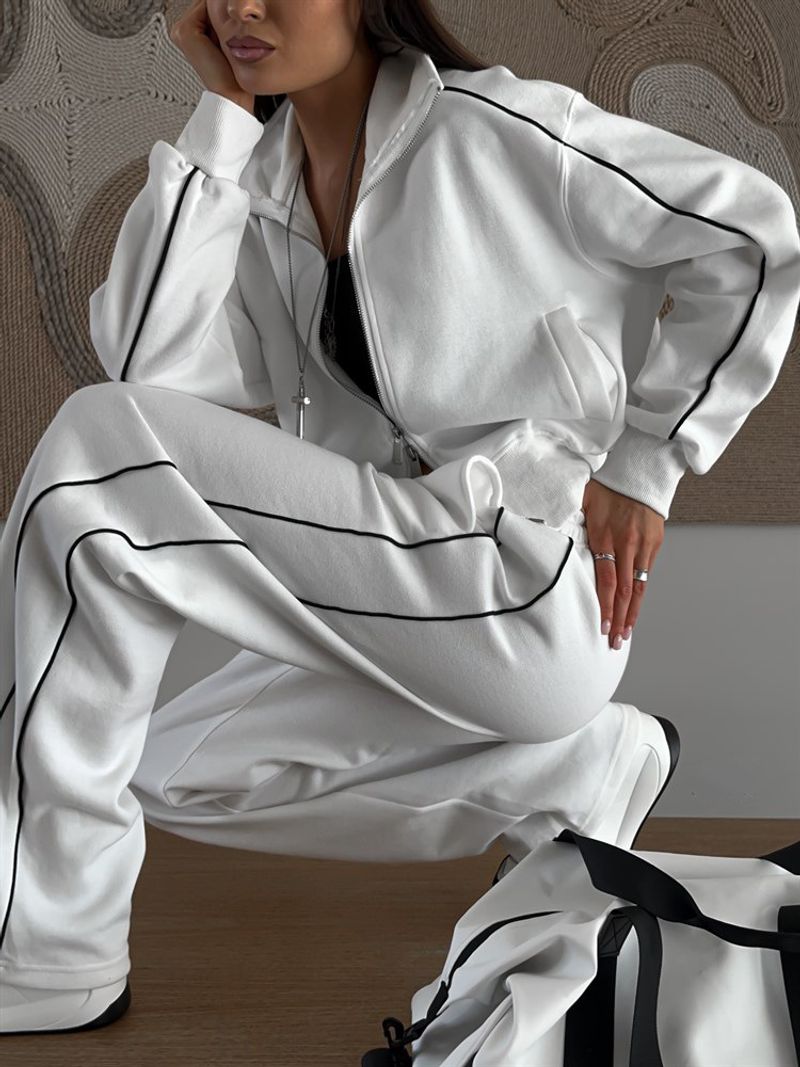 Women's Casual Zip-Up Hoodie & Drawstring Jogger Pants Set - Streetwear Two-Piece Outfit (White/Grey/Red/Green, S/M/L/XL)_voghion.com